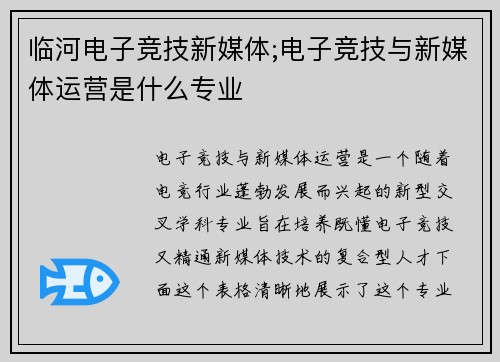 临河电子竞技新媒体;电子竞技与新媒体运营是什么专业